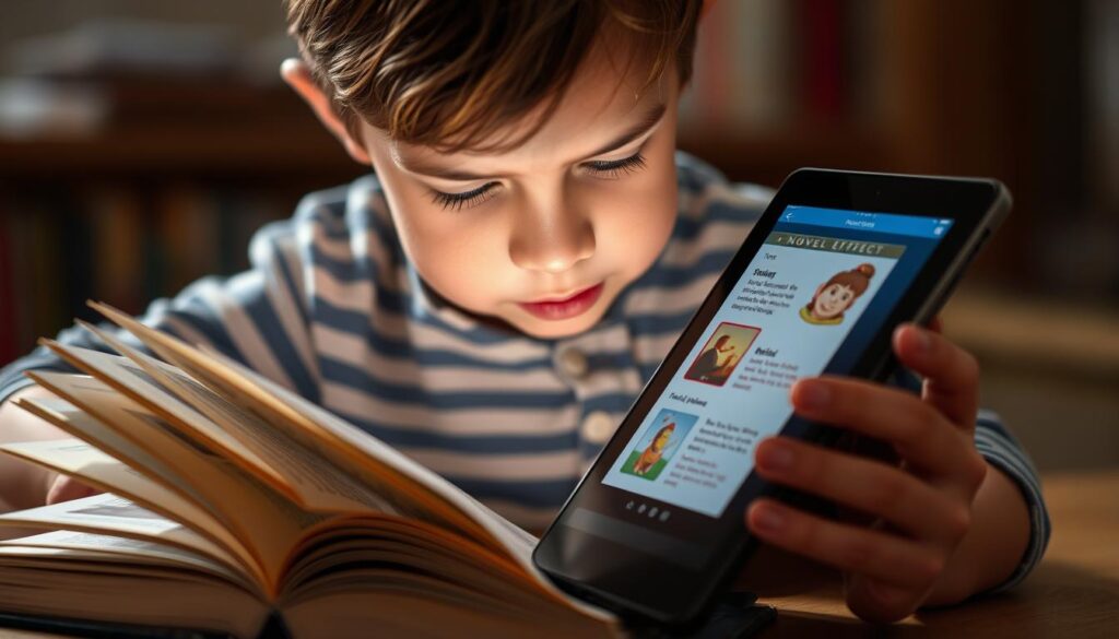 Generate an image of a child reading a physical book with a tablet nearby, displaying the Novel Effect app interface.