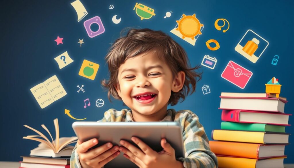 Generate an image of a child reading on a tablet with a delighted expression, surrounded by floating books and educational icons.