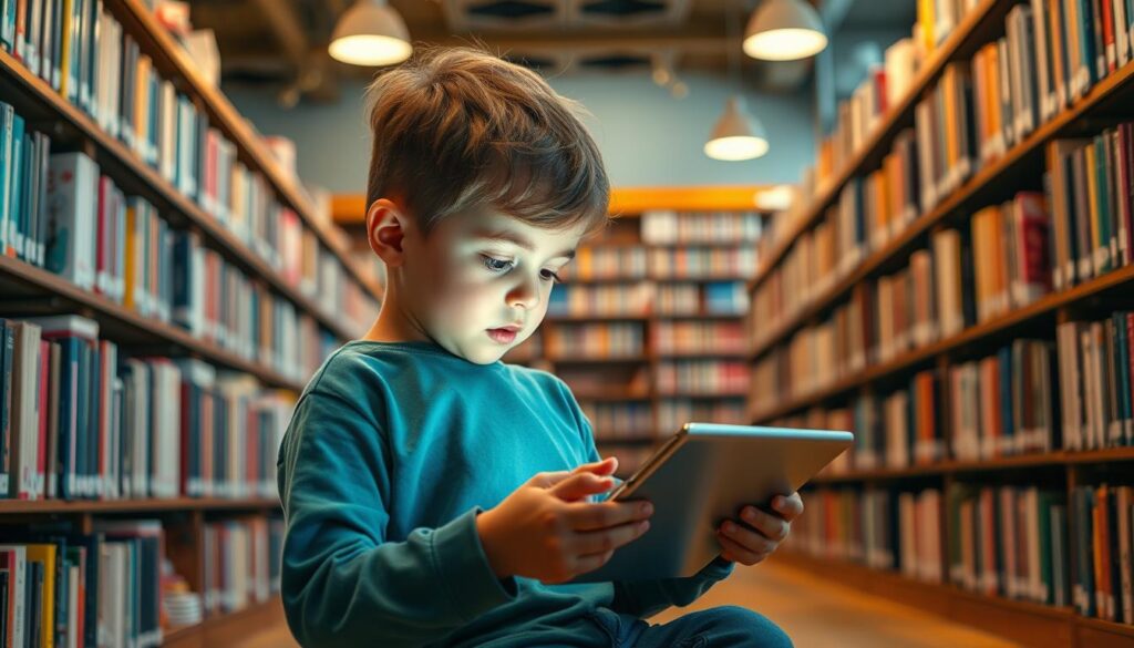 Generate an image of a child reading on a tablet with a vast library in the background.