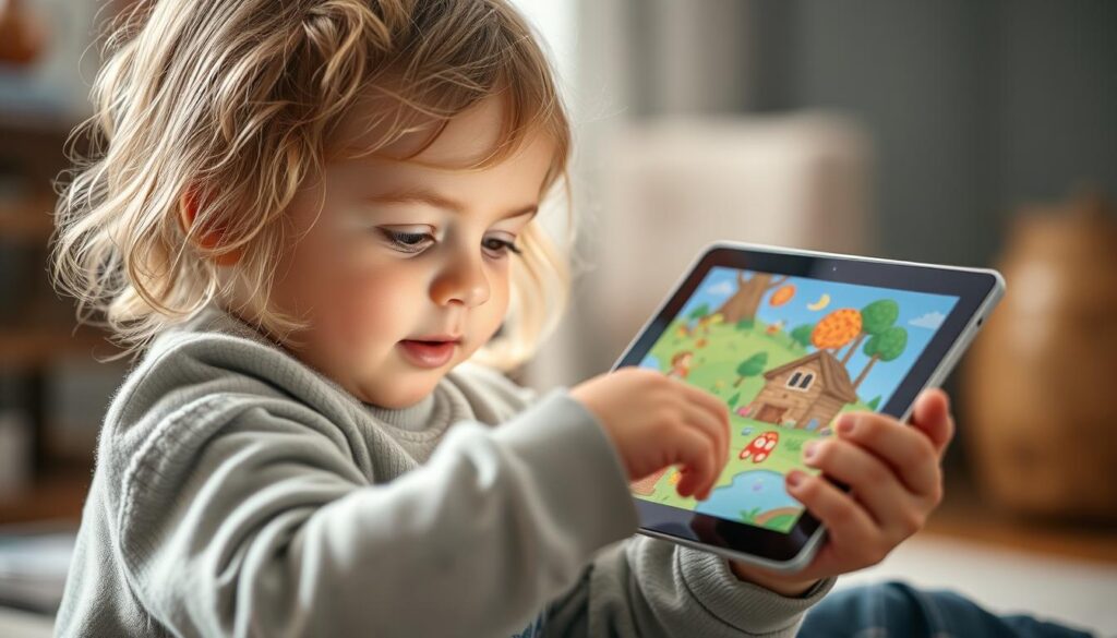Generate an image of a child using Lunesia on a tablet