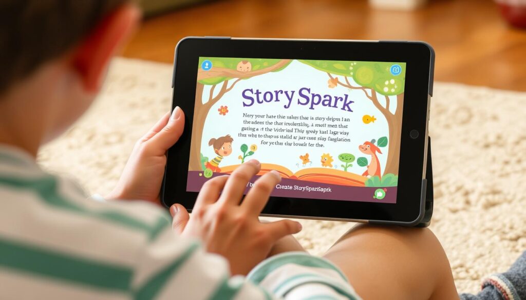 Generate an image of a child using StorySpark on a tablet, with a creative story unfolding on the screen.