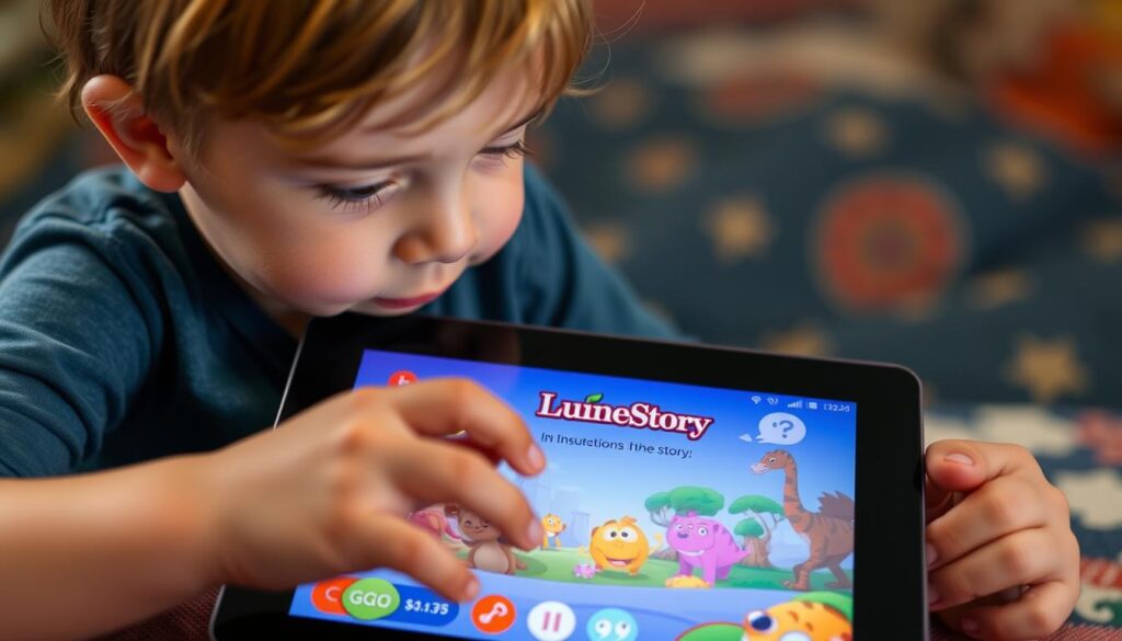 Generate an image of a child using a tablet with Lunesia app open, showing an animated story.