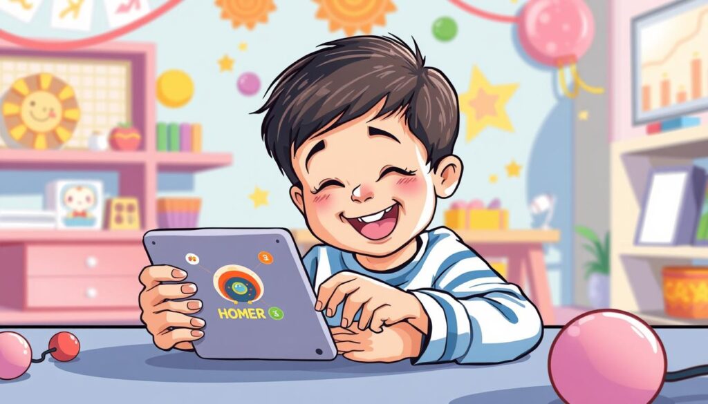 Generate an image of a child using the HOMER Learning app on a tablet, with a fun and engaging learning environment.