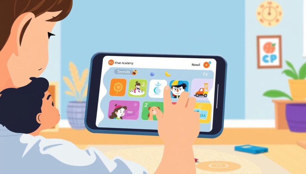 Generate an image of a child using the Khan Academy Kids app, with a variety of learning activities displayed on the screen.