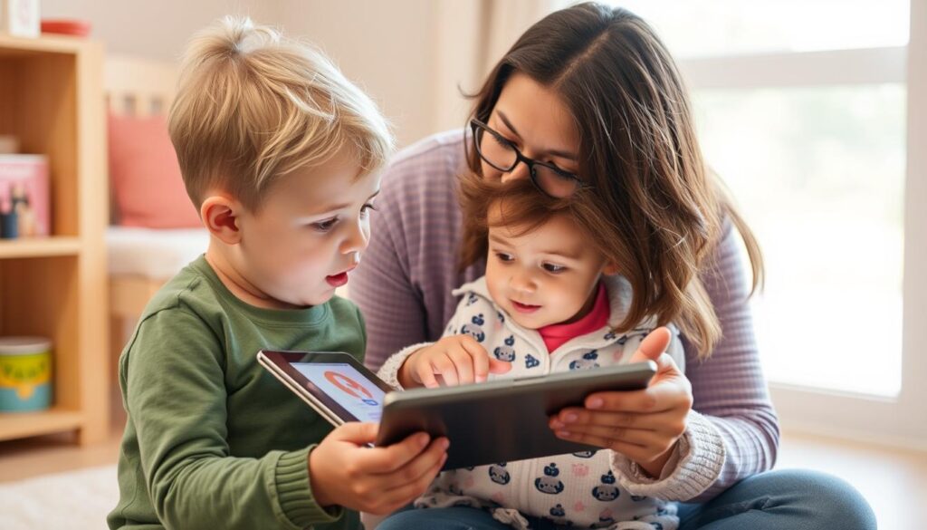 Generate an image of a child using the Lunesia app on a tablet, with a parent nearby.