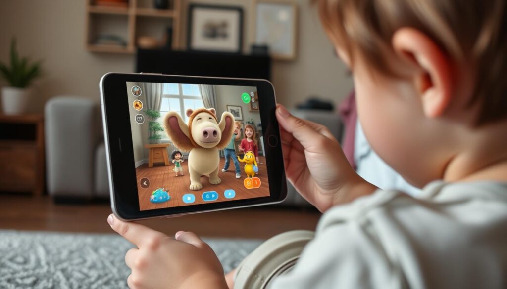 Generate an image of a child using the Lunesia app, with augmented reality characters interacting in their living room.