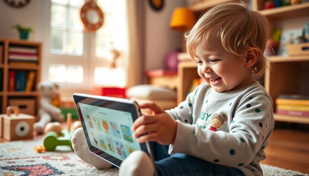 Generate an image of a child using the Pok Pok Montessori app on a tablet.