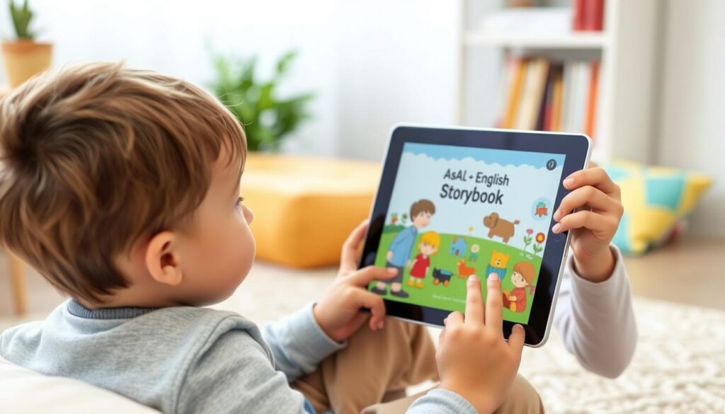 Generate an image of a child watching an ASL-English storybook on a tablet.