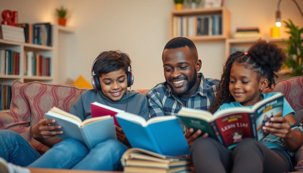 Generate an image of a diverse family listening to audiobooks together.