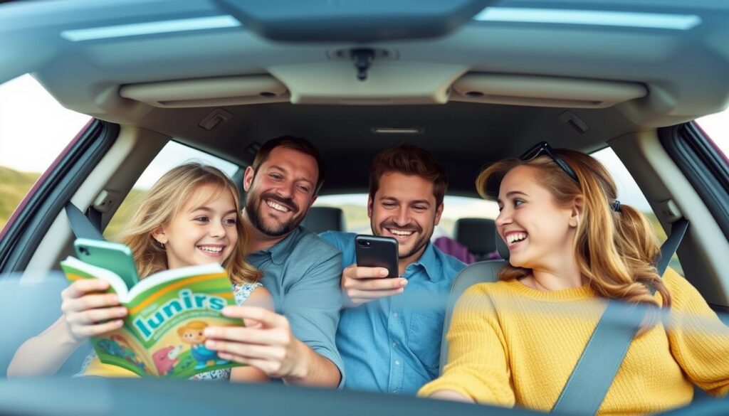 Generate an image of a family enjoying a road trip while listening to stories on the Lunesia app.