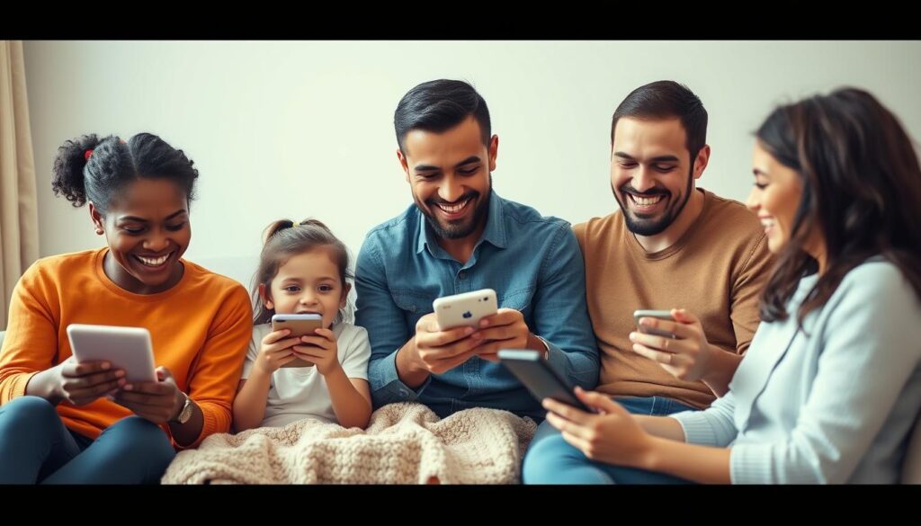 Generate an image of a family happily using Lunesia on their devices