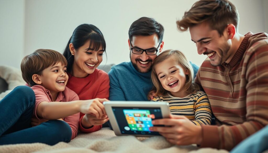 Generate an image of a family using Lunesia app together on a tablet