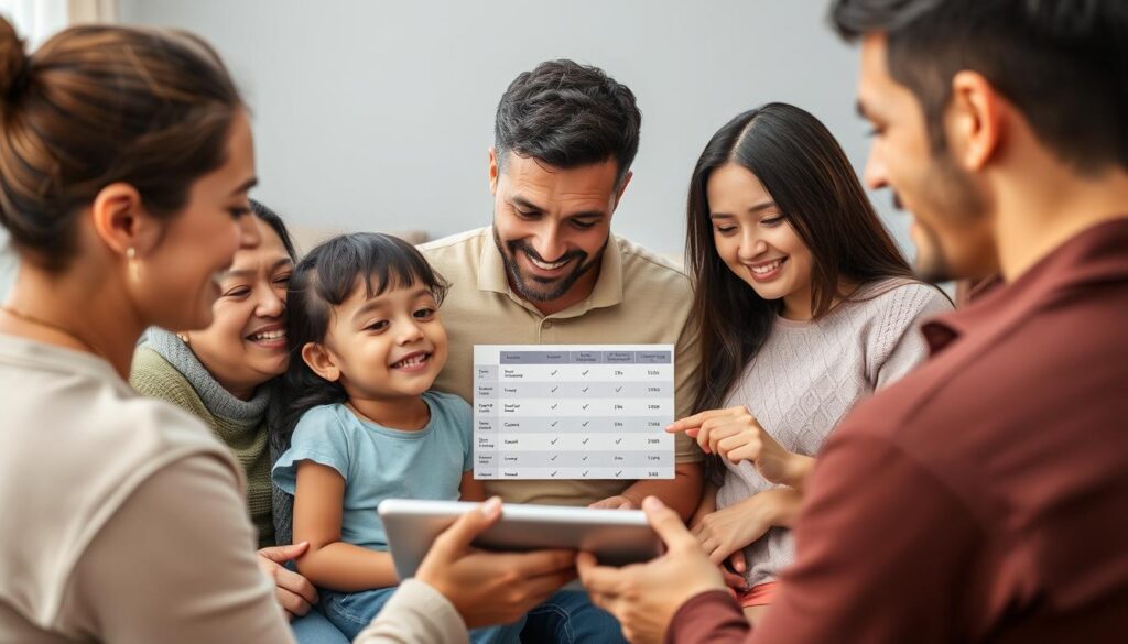 Generate an image of a family using a tablet with a subscription plan comparison chart
