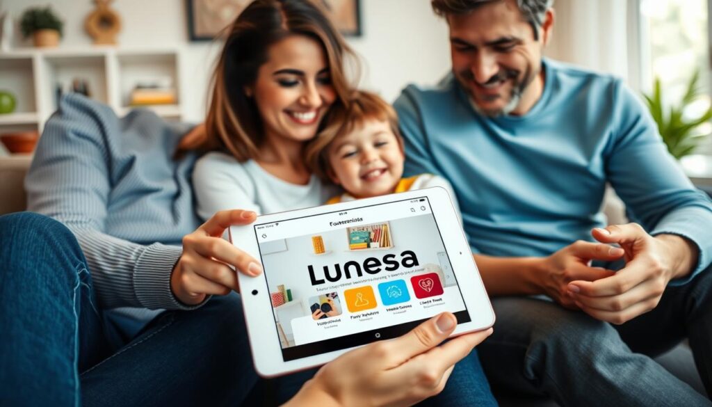 Generate an image of a family using a tablet with the Lunesia app open
