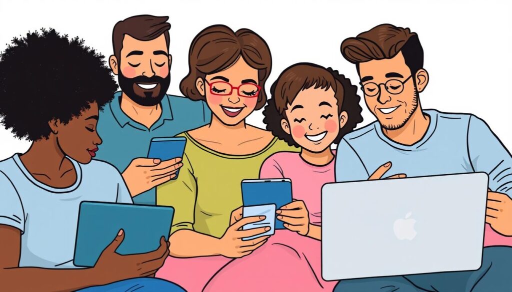 Generate an image of a family using various devices with a screen time management app