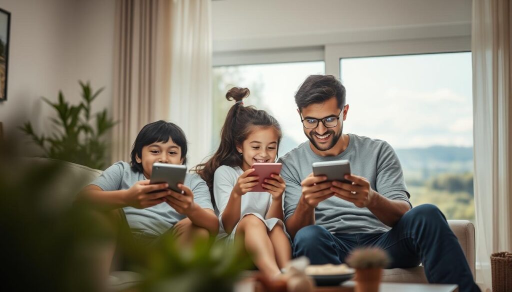 Generate an image of a family using various digital devices together, with a subtle background display of a serene natural landscape.