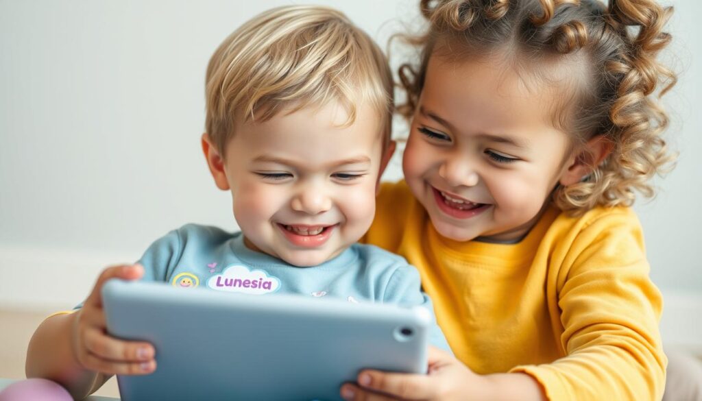 Generate an image of a happy preschooler using a tablet with the Lunesia app open.