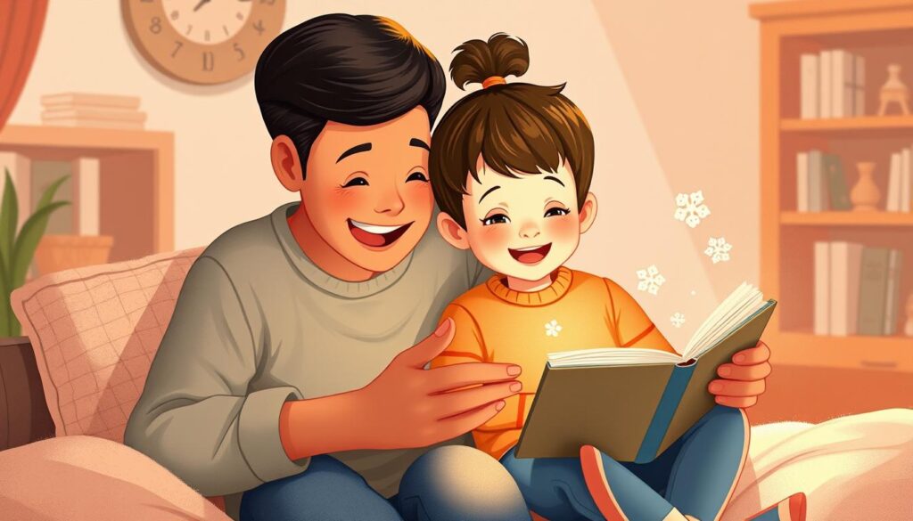 Generate an image of a parent and child exploring digital books together on a tablet.