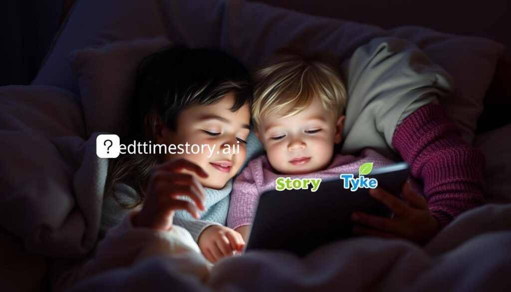 Generate an image of a parent and child snuggled up together, listening to a bedtime story on a tablet with BedtimeStory.ai and Story Tyke logos visible.