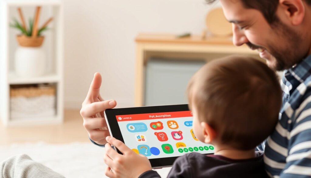 Generate an image of a parent and child using a tablet with Lunesia and ABCmouse interfaces side by side.