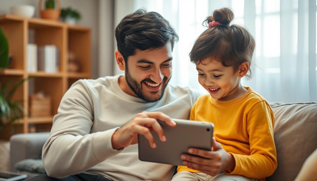 Generate an image of a parent and child using a tablet with a secure and user-friendly interface.