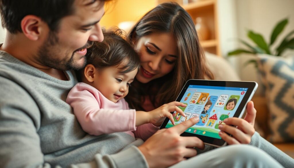Generate an image of a parent and child using the Little Stories app on a tablet.