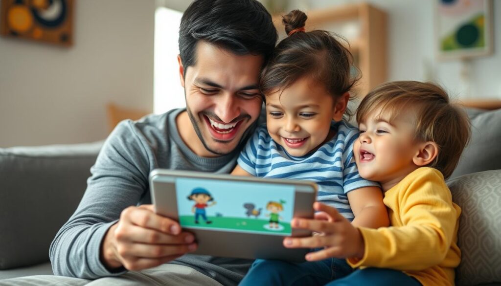 Generate an image of a parent and child using the Little Stories app on a tablet together.