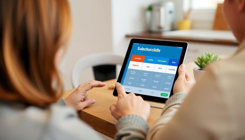 Generate an image of a parent comparing the pricing plans of Lunesia and Lingokids on their tablet.