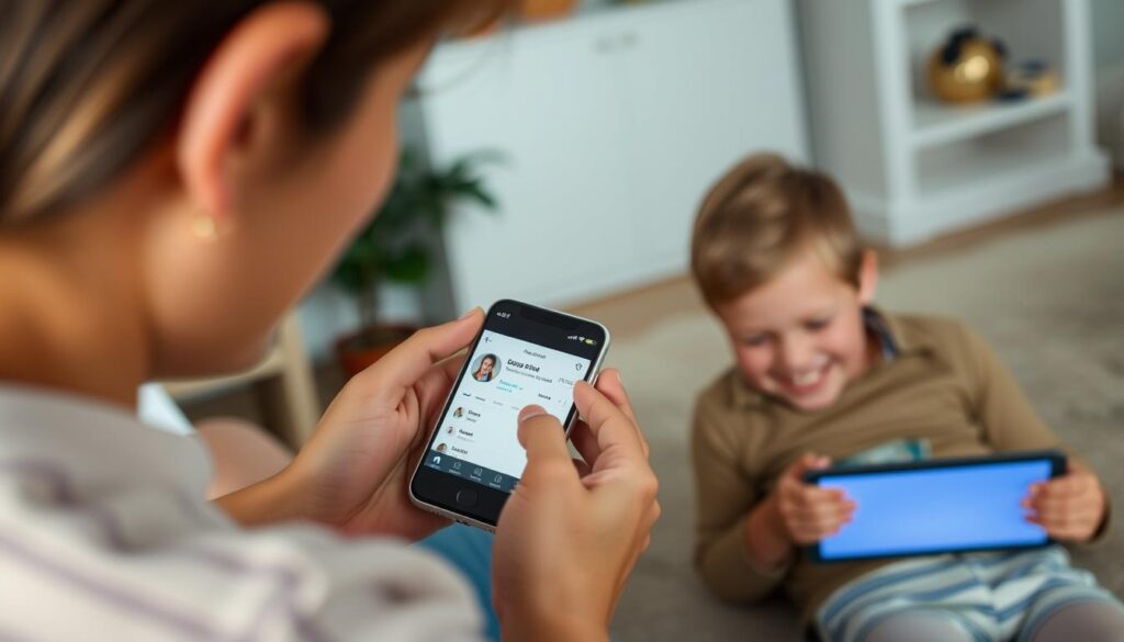 Generate an image of a parent using a parental control app on their smartphone to filter content for their child's device.