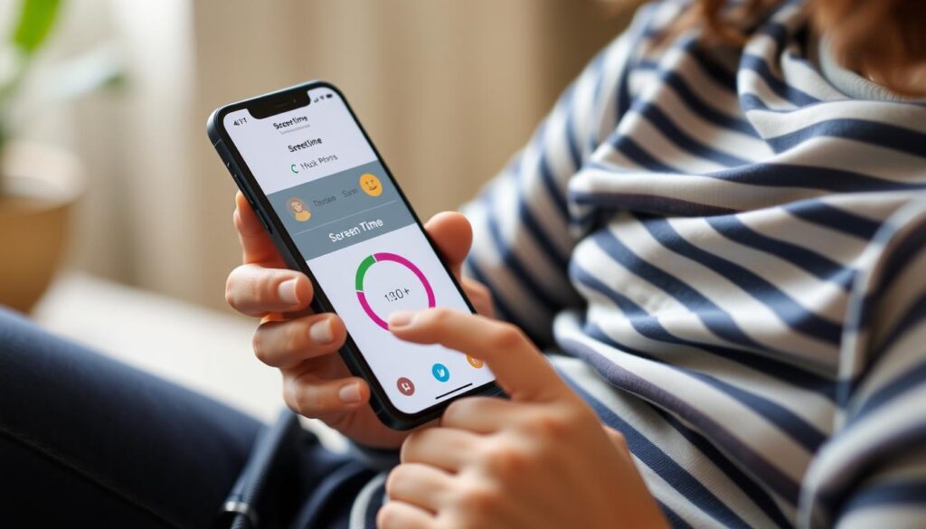 Generate an image of a parent using a screen time management app on their phone to monitor their child's device.