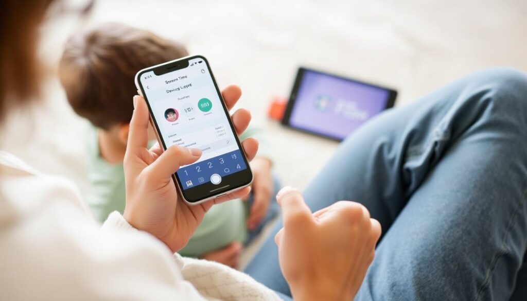 Generate an image of a parent using a screen time management app on their phone to monitor their child's device usage.