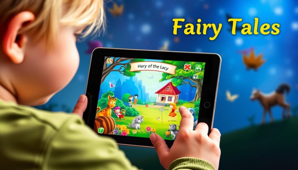Generate an image of a preschooler engaging with the Fairy Tales Interactive Collection app on a tablet, with a fairy tale scene on the screen.