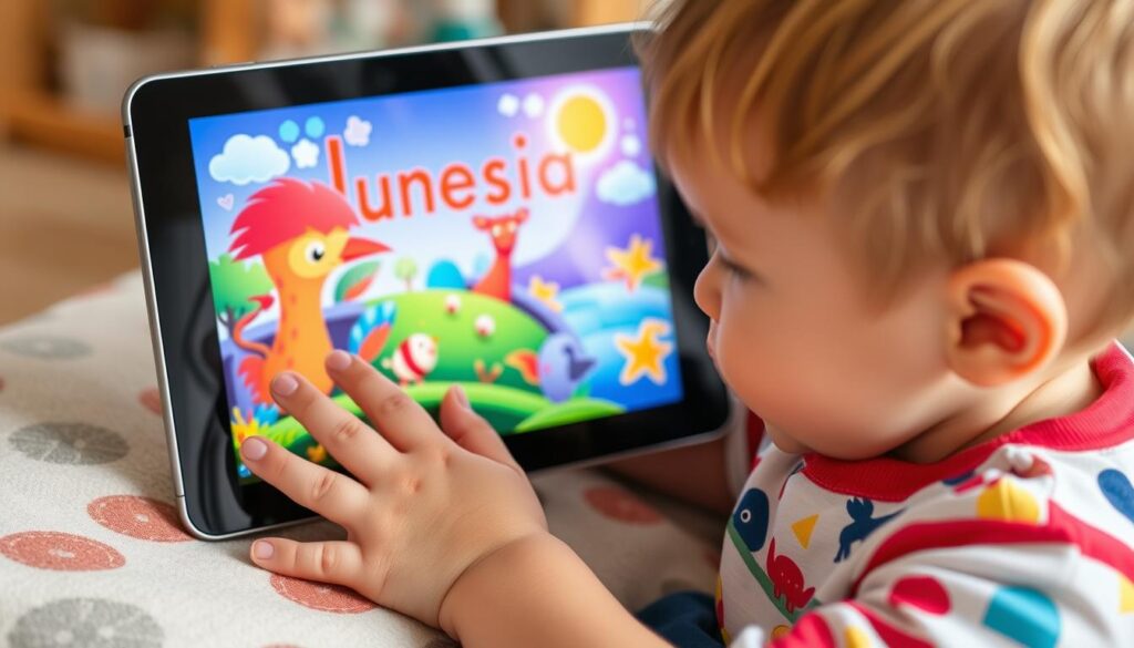 Generate an image of a preschooler engaging with the Lunesia app on a tablet, with a captivating story unfolding on the screen.