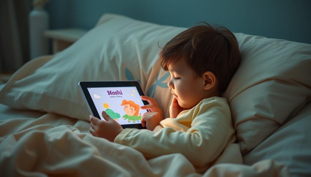 Generate an image of a serene bedtime scene with a child listening to a sleep story on a tablet with Moshi open.
