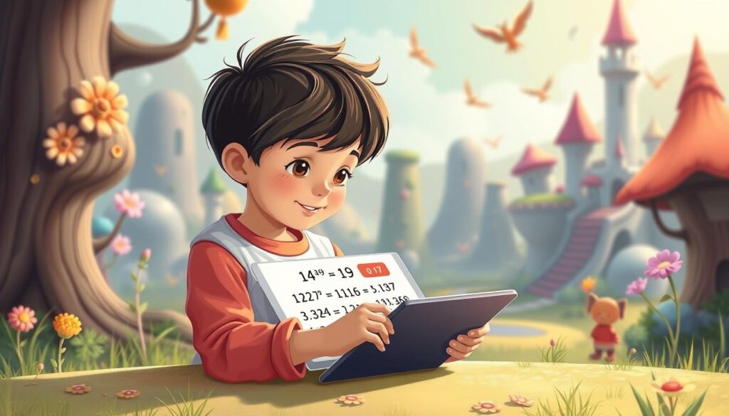 Generate an image of a student using Prodigy Math on a tablet, with a fantasy background and math problems displayed.