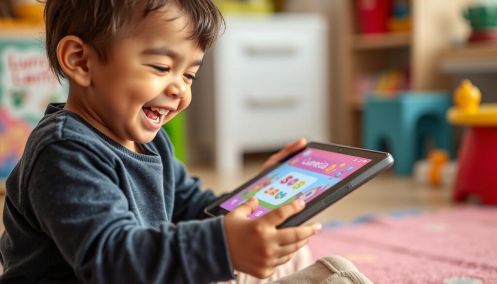 Generate an image of a toddler happily learning on a tablet with the Lunesia app open.