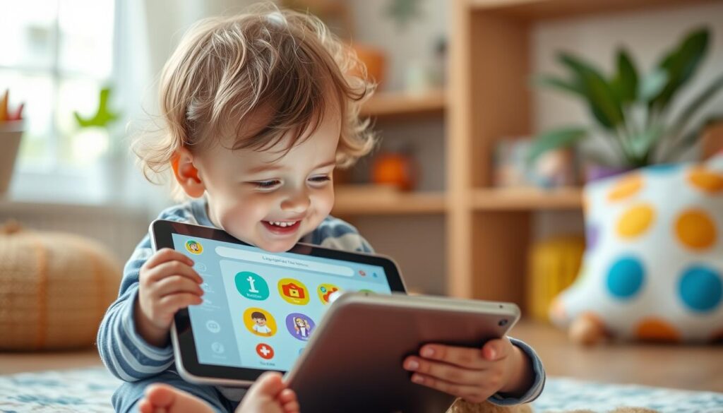 Generate an image of a toddler using a tablet with Lunesia's interface