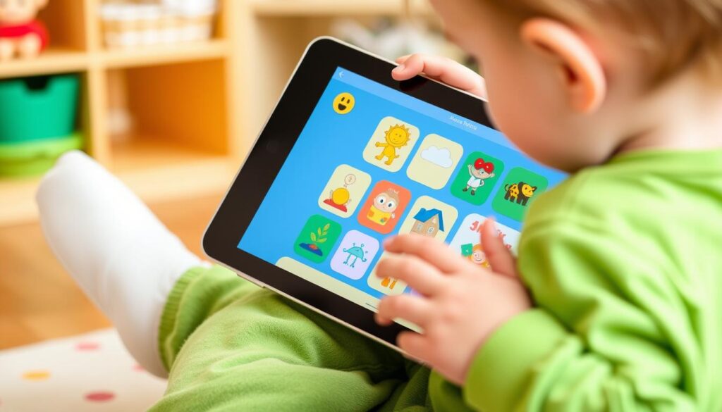 Generate an image of a toddler using the Pok Pok Montessori Preschool app on a tablet, with a variety of educational activities displayed on the screen.