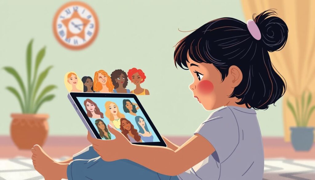 Generate an image of a young girl engrossed in an interactive story on a tablet, with diverse female role models displayed on the screen.