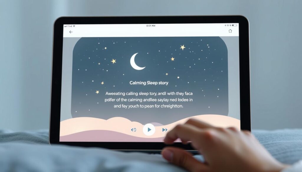 Generate an image of the Lunesia app interface on a tablet, showing a soothing sleep story being read aloud.