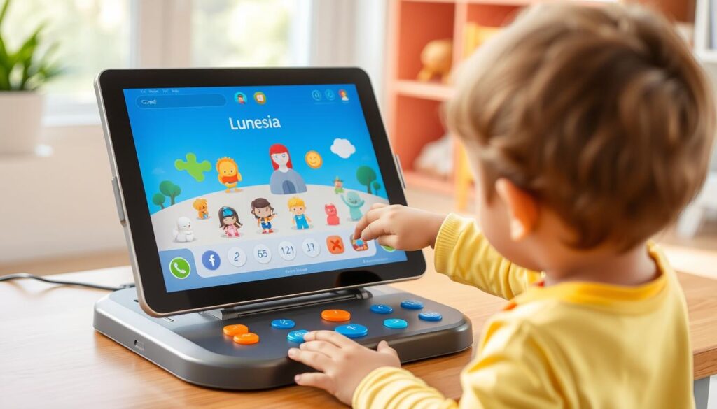 Generate an image of the Lunesia interactive learning system in use, with a child engaging with the character tokens on the base station connected to a tablet.