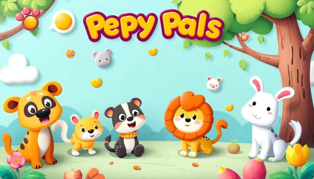 Generate an image of the Peppy Pals app's home screen featuring its animal characters.