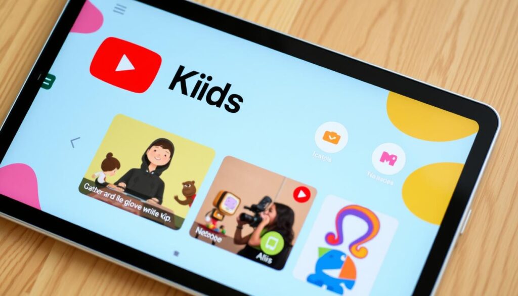 Generate an image of the YouTube Kids app interface on a tablet screen.