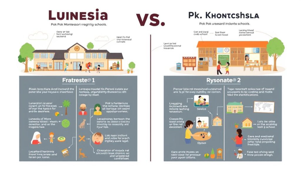 Generate an image representing the comparison between Lunesia and Pok Pok Montessori