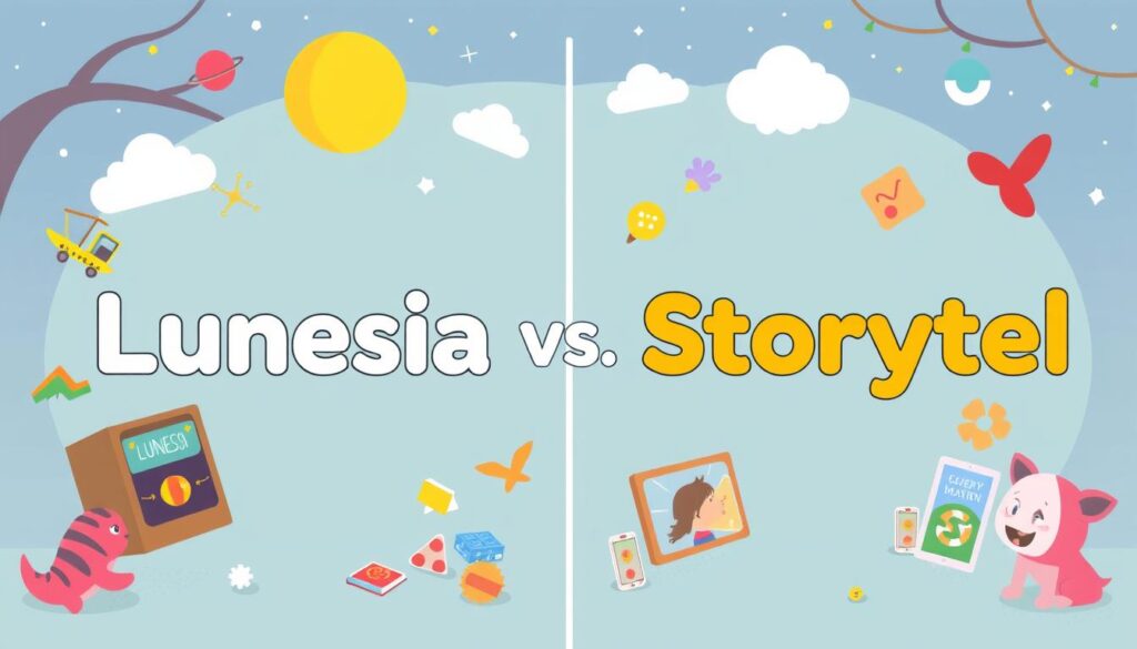 Generate an image representing the comparison between Lunesia and Storytel for kids' audio content.
