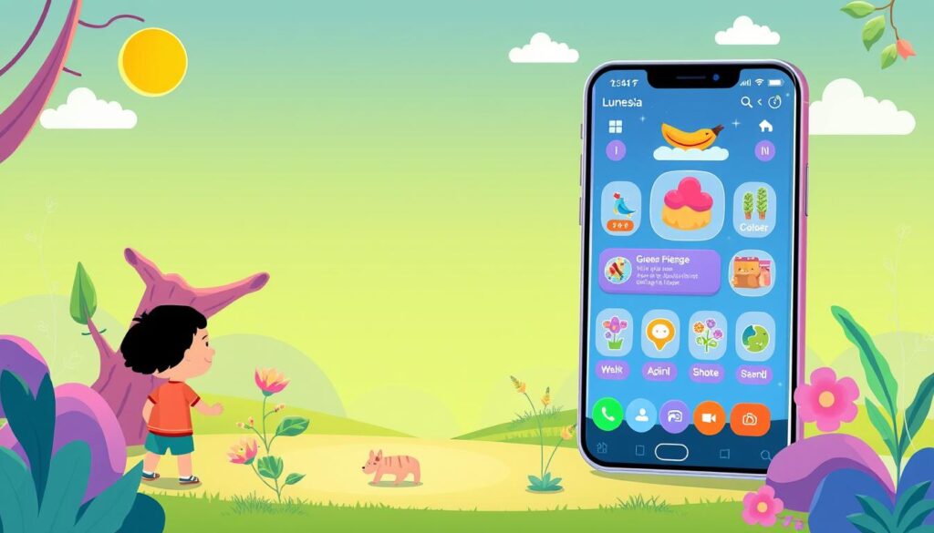 Generate an image showing Lunesia's app interface for kids