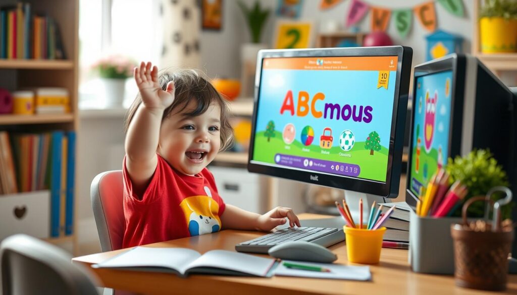 Generate an image showing a child using ABCmouse on a desktop