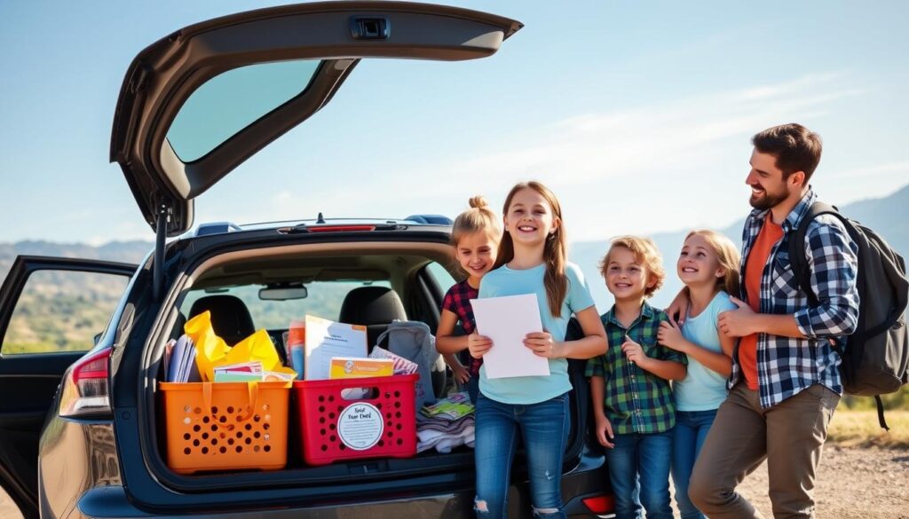 Happy family arriving at destination after enjoying screen-free road trip activities for kids Happy family arriving at destination after enjoying screen-free road trip activities for kids
