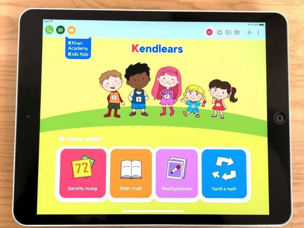 Khan Academy Kids app interface showing colorful characters and educational activities for children ages 2-6 Khan Academy Kids app interface showing colorful characters and educational activities for children ages 2-6