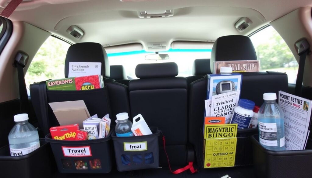 Organized car setup for screen-free road trip with kids showing activity bins and snack containers Organized car setup for screen-free road trip with kids showing activity bins and snack containers